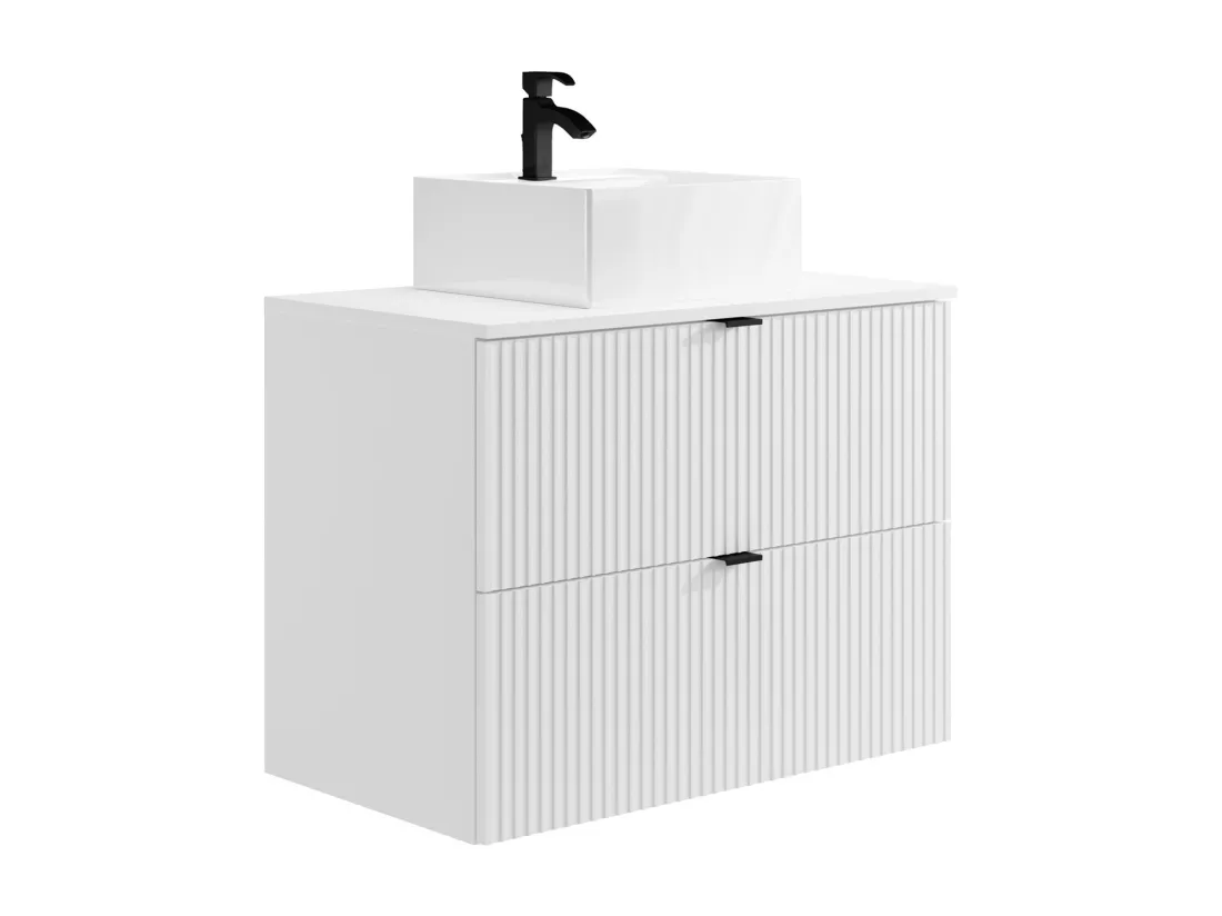 Meuble de salle de bain suspendu strié avec vasque carrée à poser - Blanc mat - 80 cm - ZEVINI