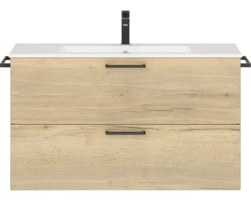 Badkamermeubelset NOBILIA Programma 2 BxHxD 101 x 59,1 x 48,7 cm Frontkleur eiken natuur met wastafelonderkast wit Greep zwart 246