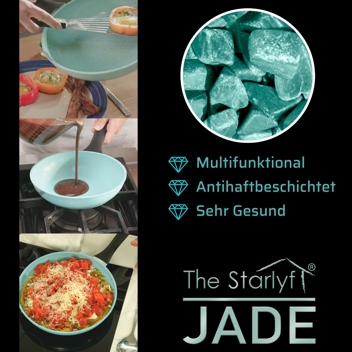 Starlyf® Küchenstarterset - Pfannenset - Messerset Jade Set of 5 + Jade Knife