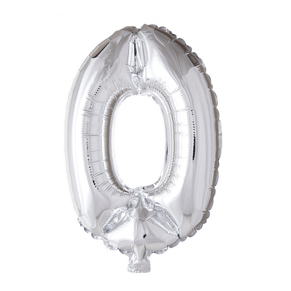 Folie Ballon Cijfer 0 Zilver 41cm met Rietje