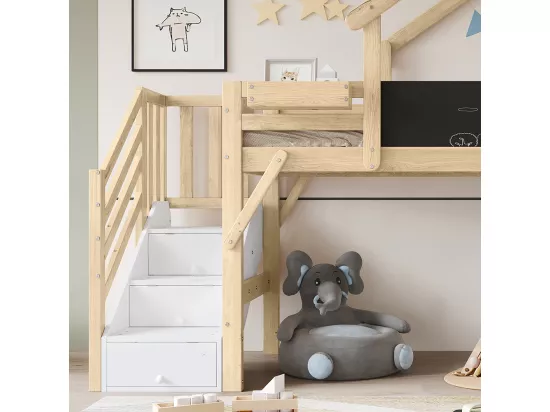 Lit superposé pour enfants 90x200cm, avec rails, design unique du toit, avec 3 armoires de rangement, blanc + couleurs naturelles