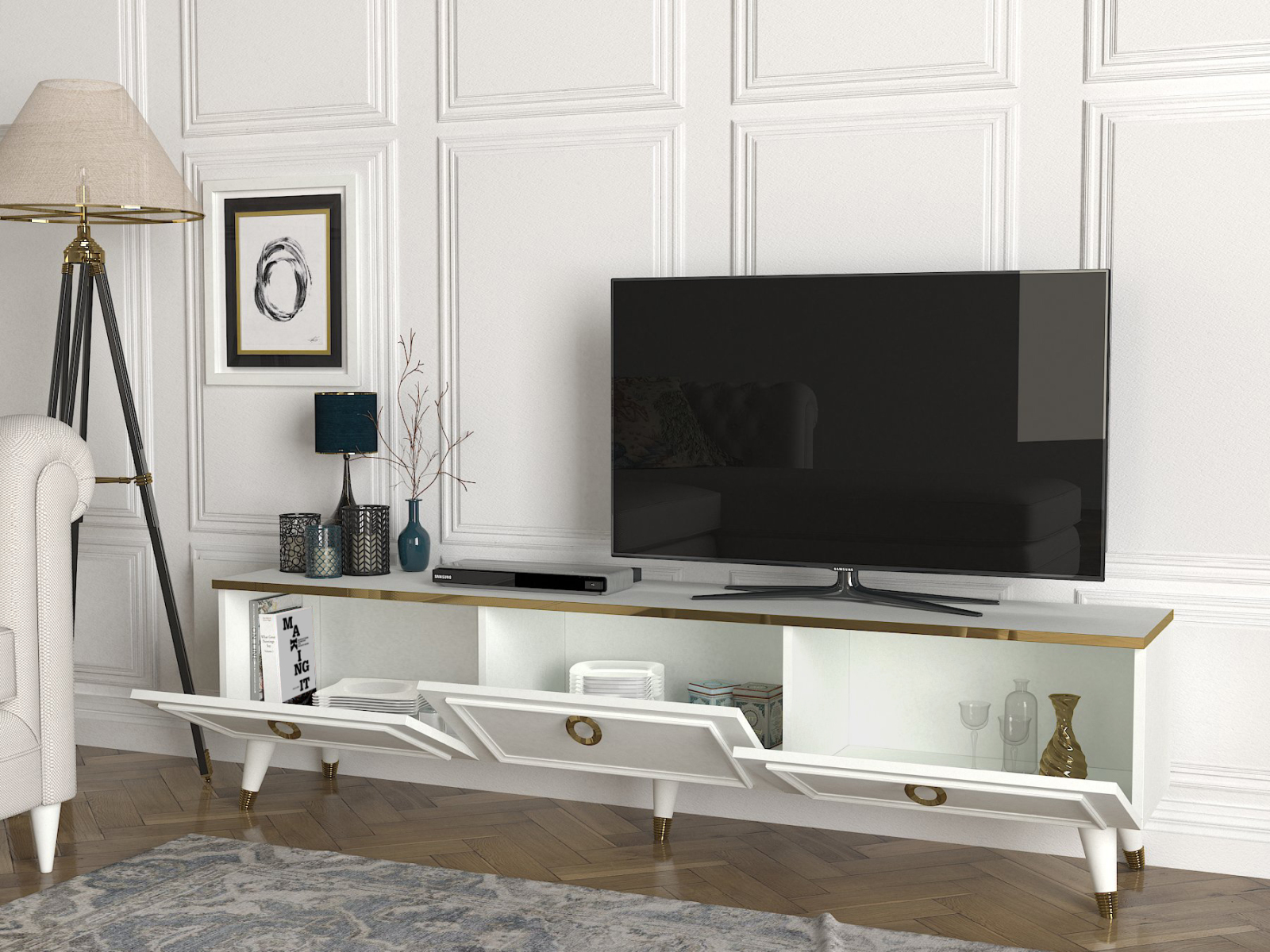TV-Lowboard - weiß - goldfarbene Griffe - 180 cm