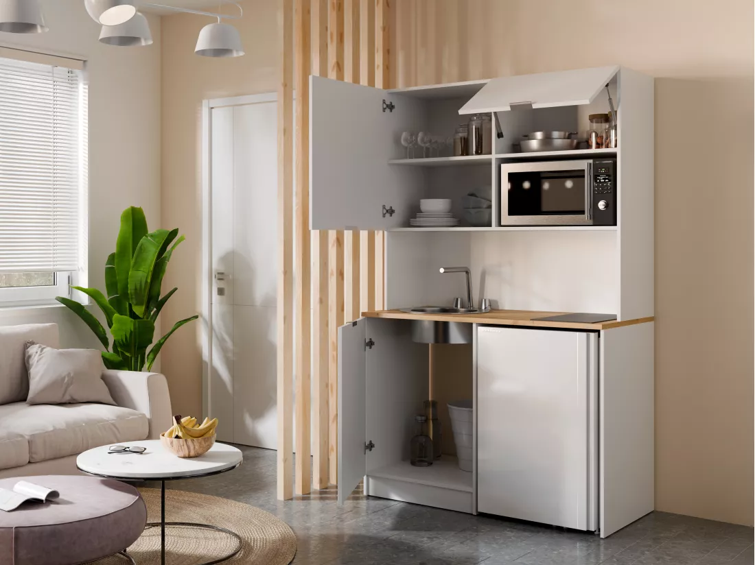 Meuble multifonction kitchenette et buanderie - Avec plan de travail 120 cm - Blanc et naturel - CARMEO
