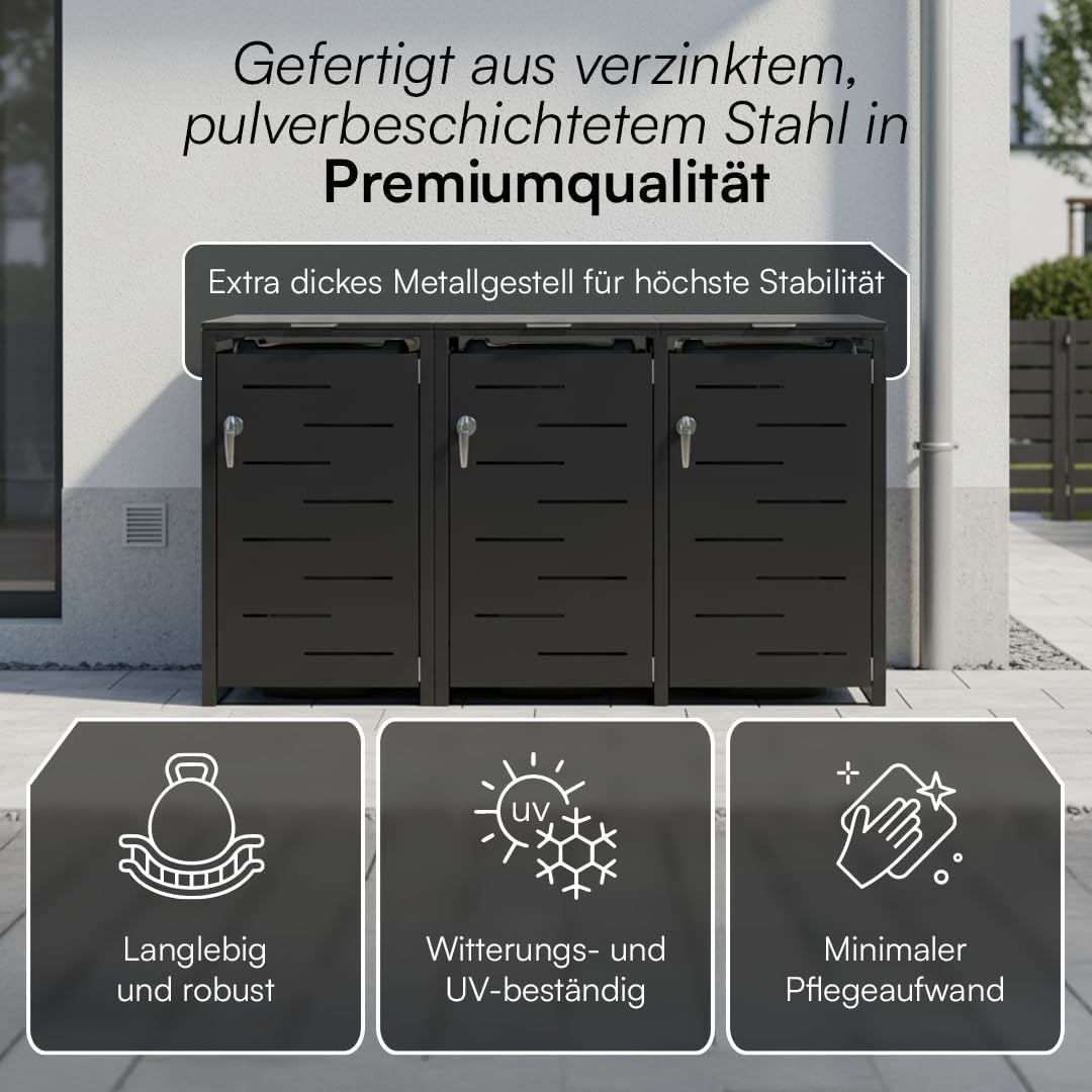 STEELSØN Diorus Mülltonnenbox 3er bis 120L abschließbar – Hochwertige Mülltonnenverkleidung für 3 Tonnen – Müllbox Stahl – Müllcontainer Schwarz - Mülltonnen Box wetterfest – Gerätebox mit Schloss