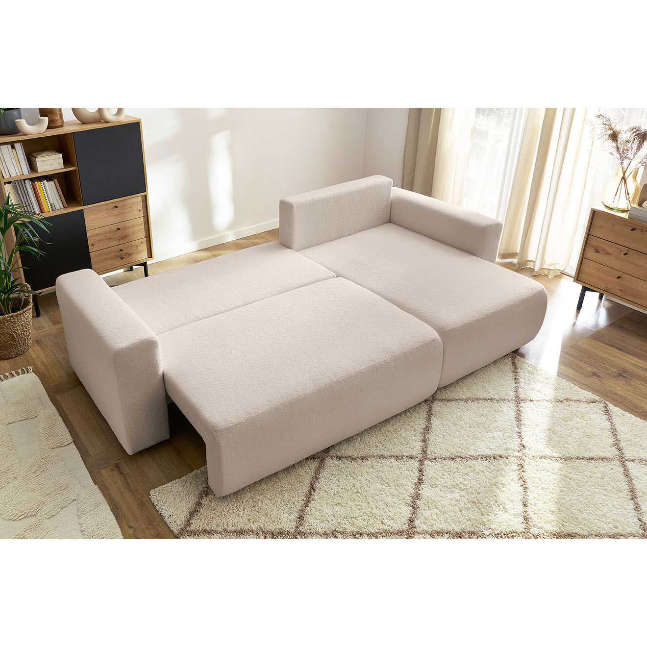 Bobochic Canapé d'angle convertible reversible bouclette Envy beige - 282x153x95 cm