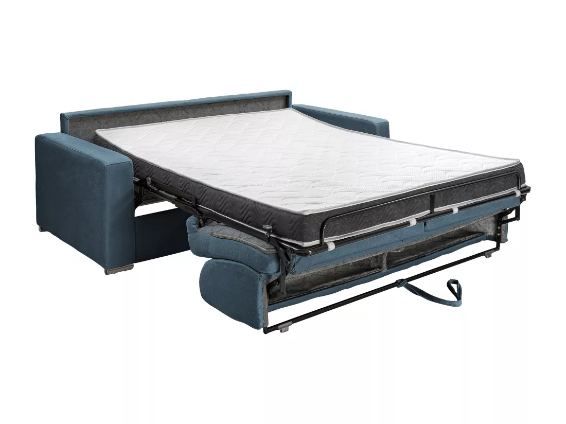 Canapé 2 places convertible express en tissu bleu - Couchage lattes larges 120 cm - Matelas 14 cm avec mémoire de forme CALITO