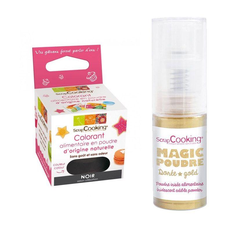 Colorant alimentaire naturel en poudre Noir + Poudre irisée dorée Scra