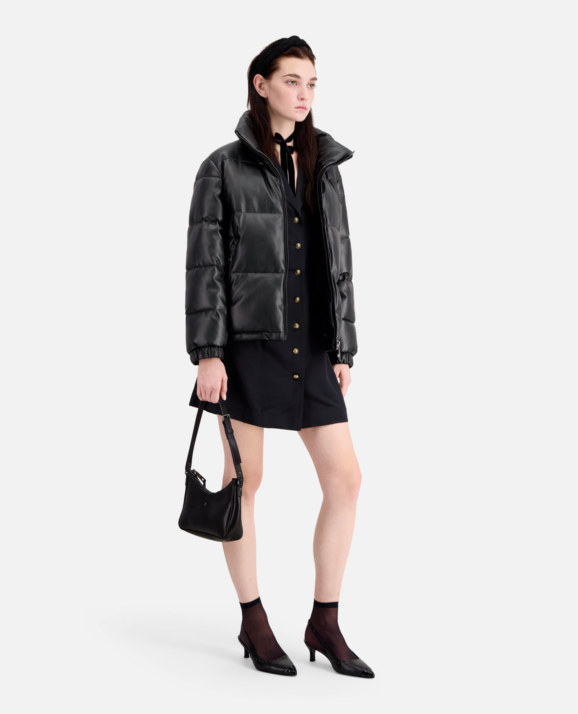 Black faux leather puffer jacket