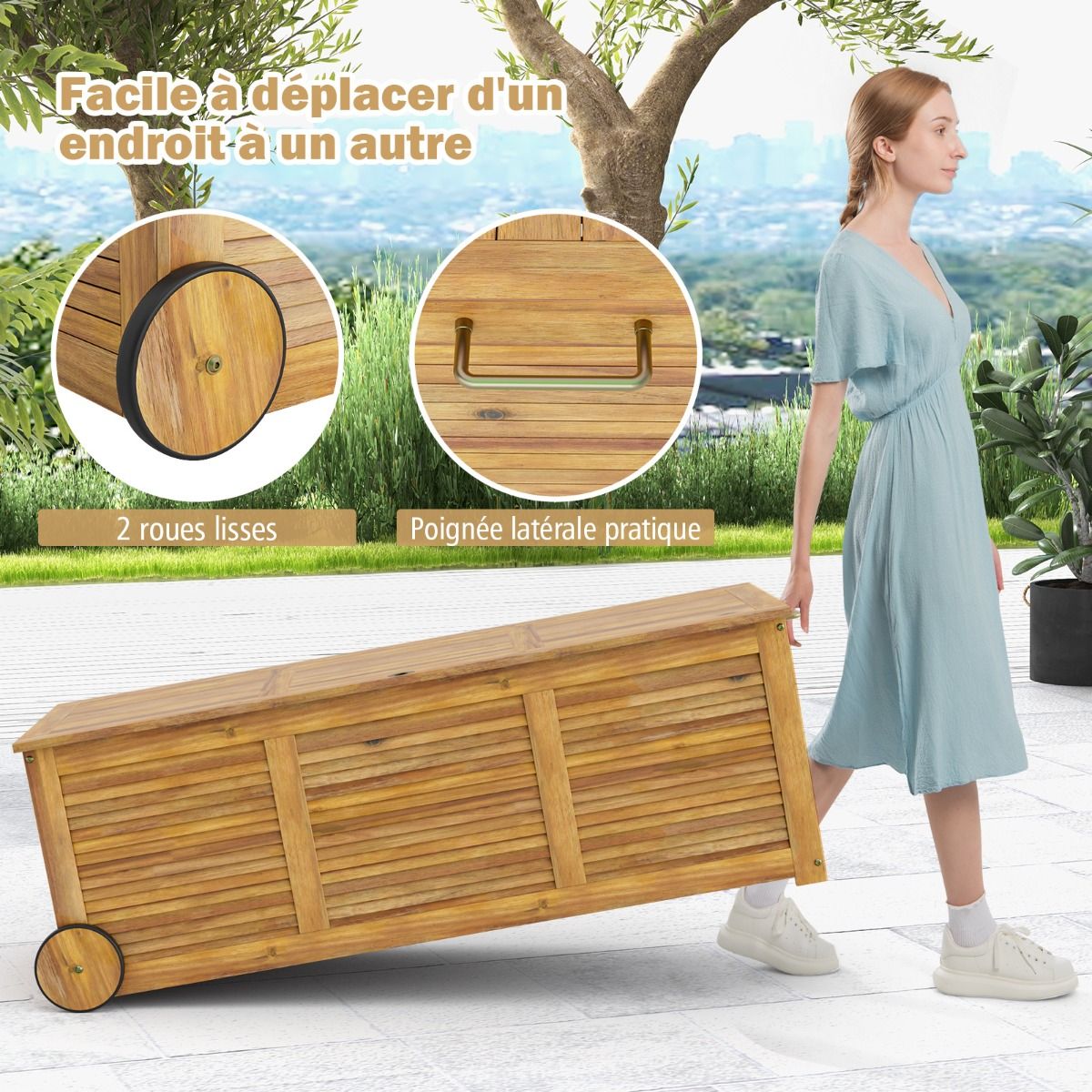Coffre de Rangement 182L en Bois d’Acacia Charnière en Métal Banc de Rangement à Roulettes Extérieur pour Jardin Patio - Lidl-Manfred