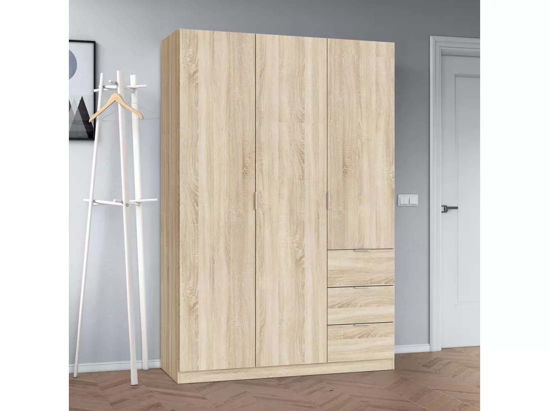 Armoire Ddermak, Armoire de chambre avec 3 portes et 3 tiroirs, Armoire avec 3 étagères et tringle à vêtements, 135x52h200 cm, Chêne