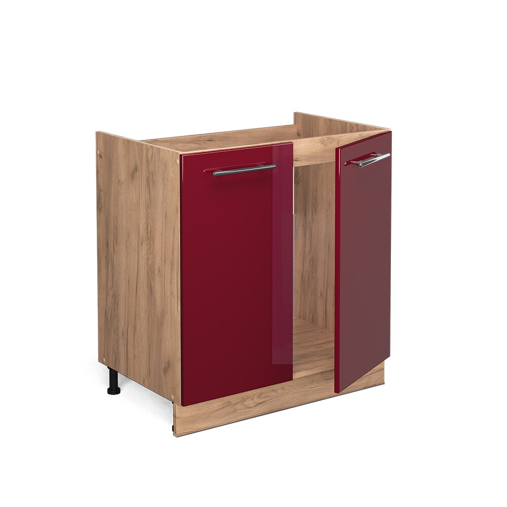 Vicco Spülenunterschrank Küchenschrank Küchenmöbel Fame-Line Eiche Rot Bordeaux modern 80 cm Küche Einbauküche Drehtür Siphonausschnitt Blende Küchenzeile Hochglanz