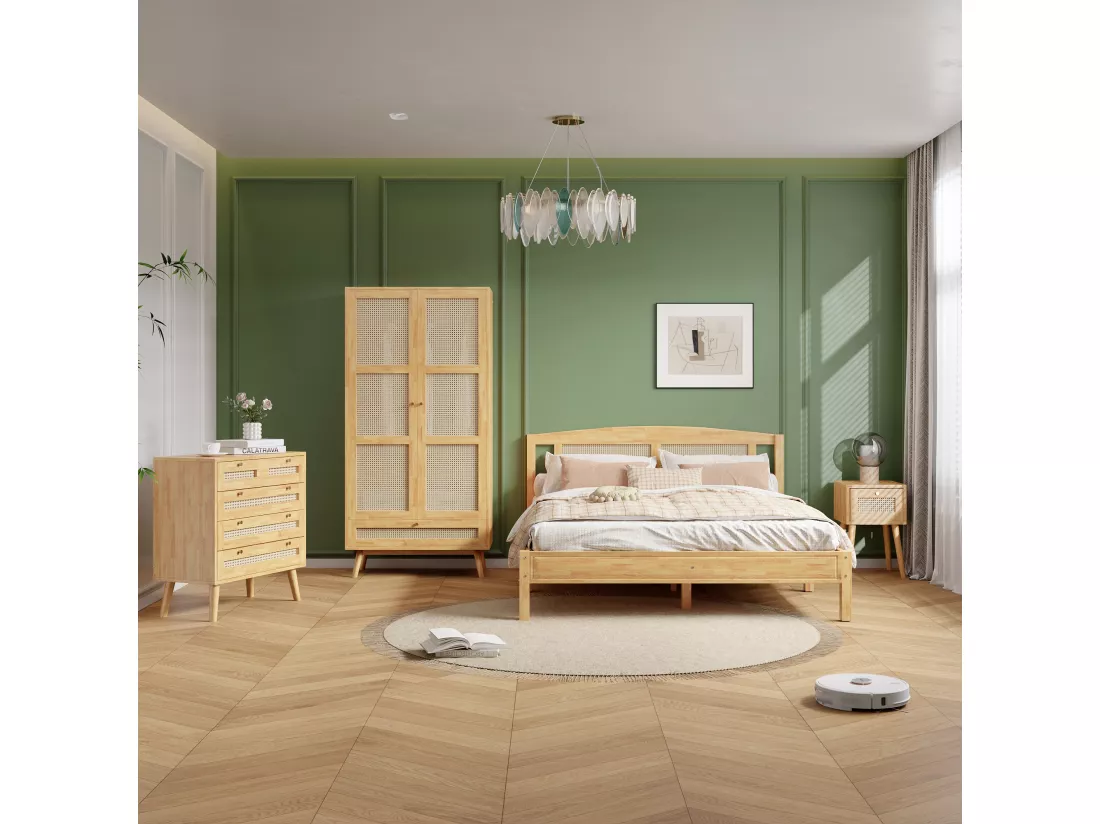 Ensemble lit adulte 160 x 200 cm avec table de chevet + commode + armoire - pin + panneaux de particules + rotin PE - naturel