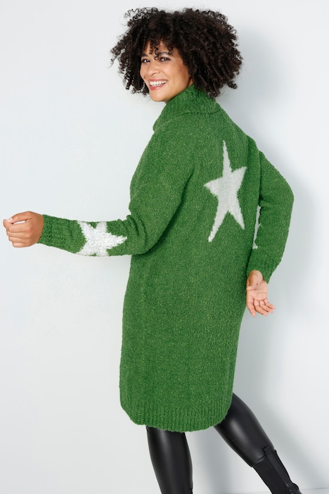 Long-Pullover, Bouclé-Strick, Sterne, Rollkragen, Langarm