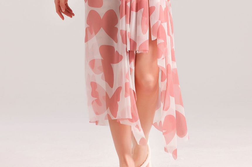 SANQI - Set: Halter vlinderprint bikinitop met strik op de rug + broekje + cover-up