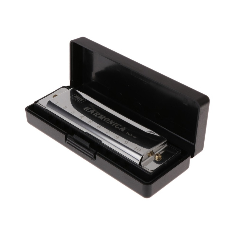 (2-tlg. Set) Mundharmonika C Blues 10 Loch mit Etui - Silber