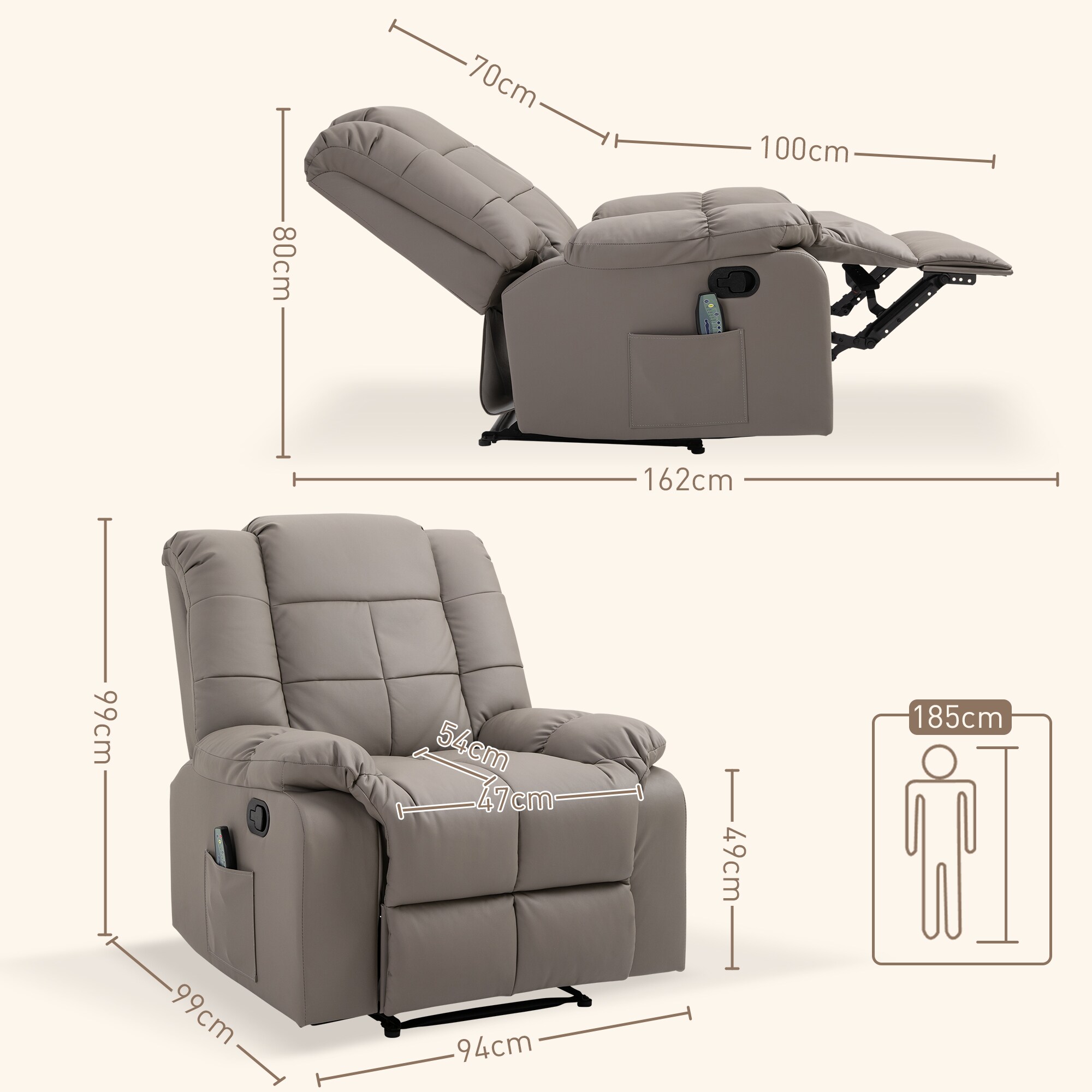 HOMCOM Massagesessel mit Liegefunktion und Fernbedienung 94B x 99T x 99H cm