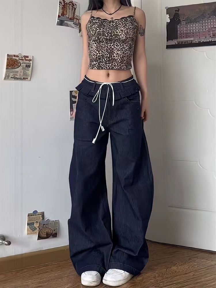 Coline - Lage taille, geplooide afwerking, gewassen wijde cargojeans