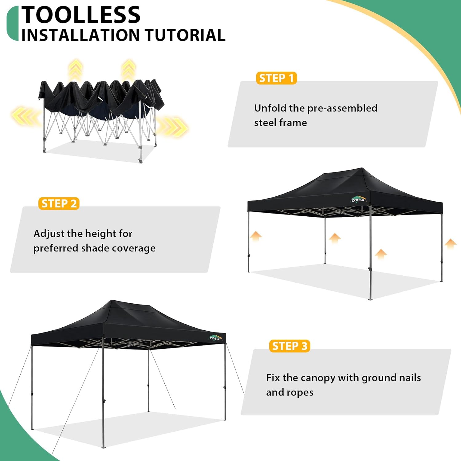 COBIZI Faltpavillon Pavillon 3x4.5 Wasserdicht Stabil, Outdoor Faltbar Garten Pavillon UV Schutz 50+, Partyzelt mit 4 Seitenteilen, Schwarz