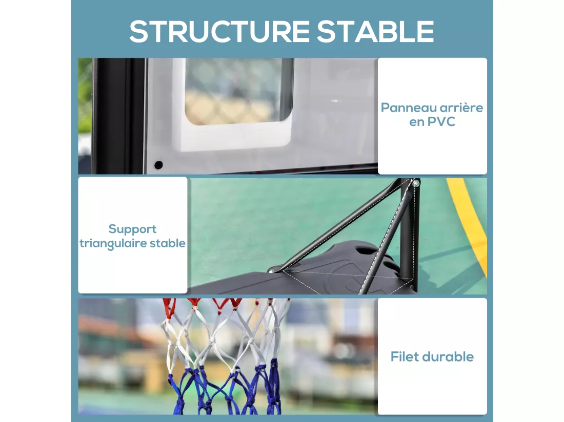 Panier de basketball sur pied - H. réglable 203-258 cm - roulettes, base de lestage - noir