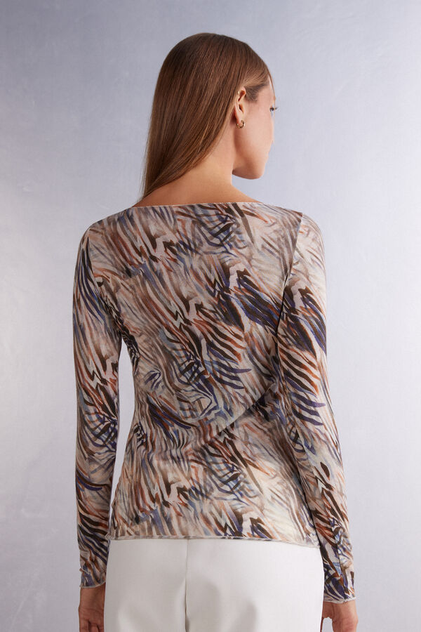 Camiseta ultraleve de manga comprida com estampa e decote canoa em cashmere.