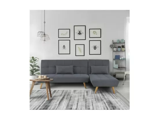 SANDRO Canapé d'angle Clic-Clac réversible scandinave 3 places - Tissu gris foncé capitonné avec coussins - L 224 x P 86