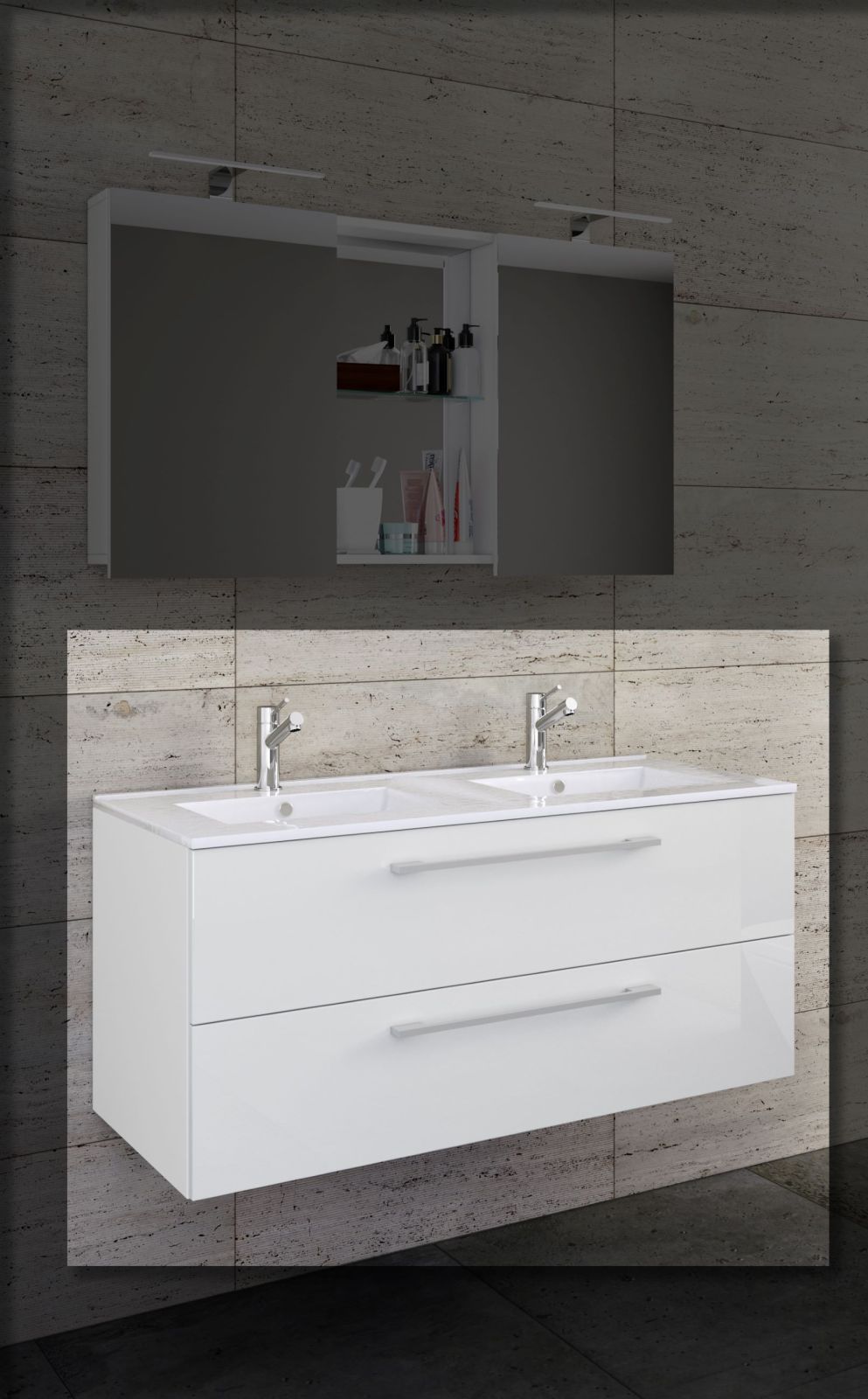 2-teiliger Waschplatz BUDASI - weiß - Doppelwaschbecken - 112 cm