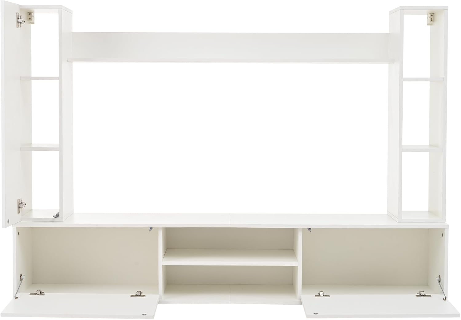Merax Wohnwand Wohnzimmer 4-Teilig Set, Wohnzimmer Möbel Set, TV Lowboard, Wandregal, 2 Wandschrank, Vitrine Hängend oder Stehend, Wohnzimmermöbel Komplett, Elegante Schrankwand, Mediawand, Weiß