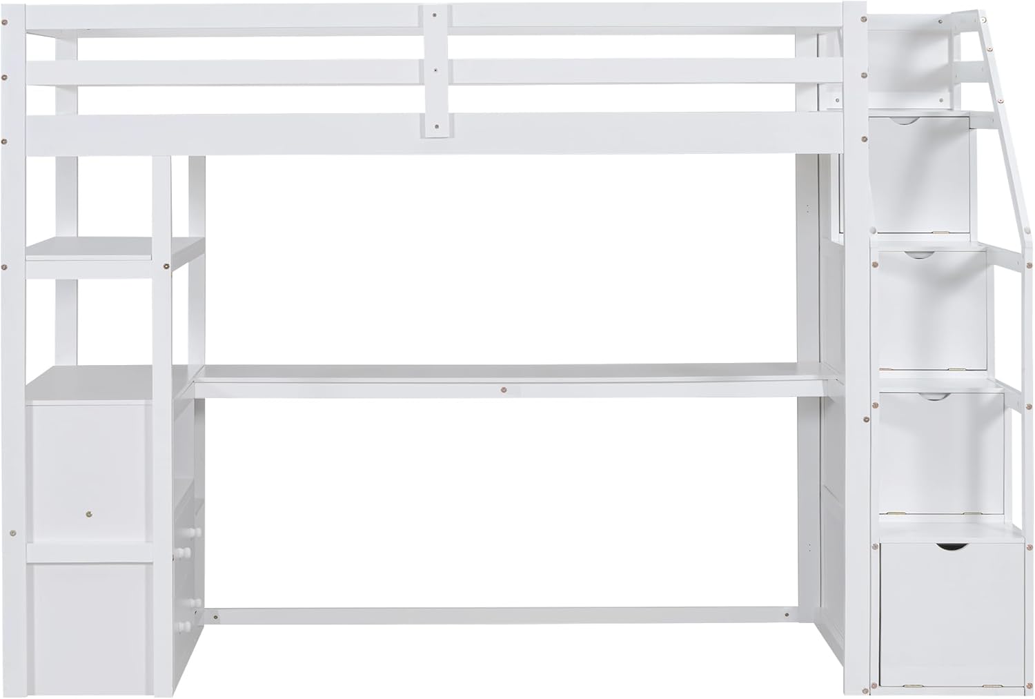 Hochbett mit Schreibtisch und Treppe, Etagenbett Kinderbett mit Stauraumschubladen und Regale, 90x200cm Stockbett Funktionsbett Kinderhochbett Jugendhochbett, inklusive Lattenrost, ohne Matratze,Weiß