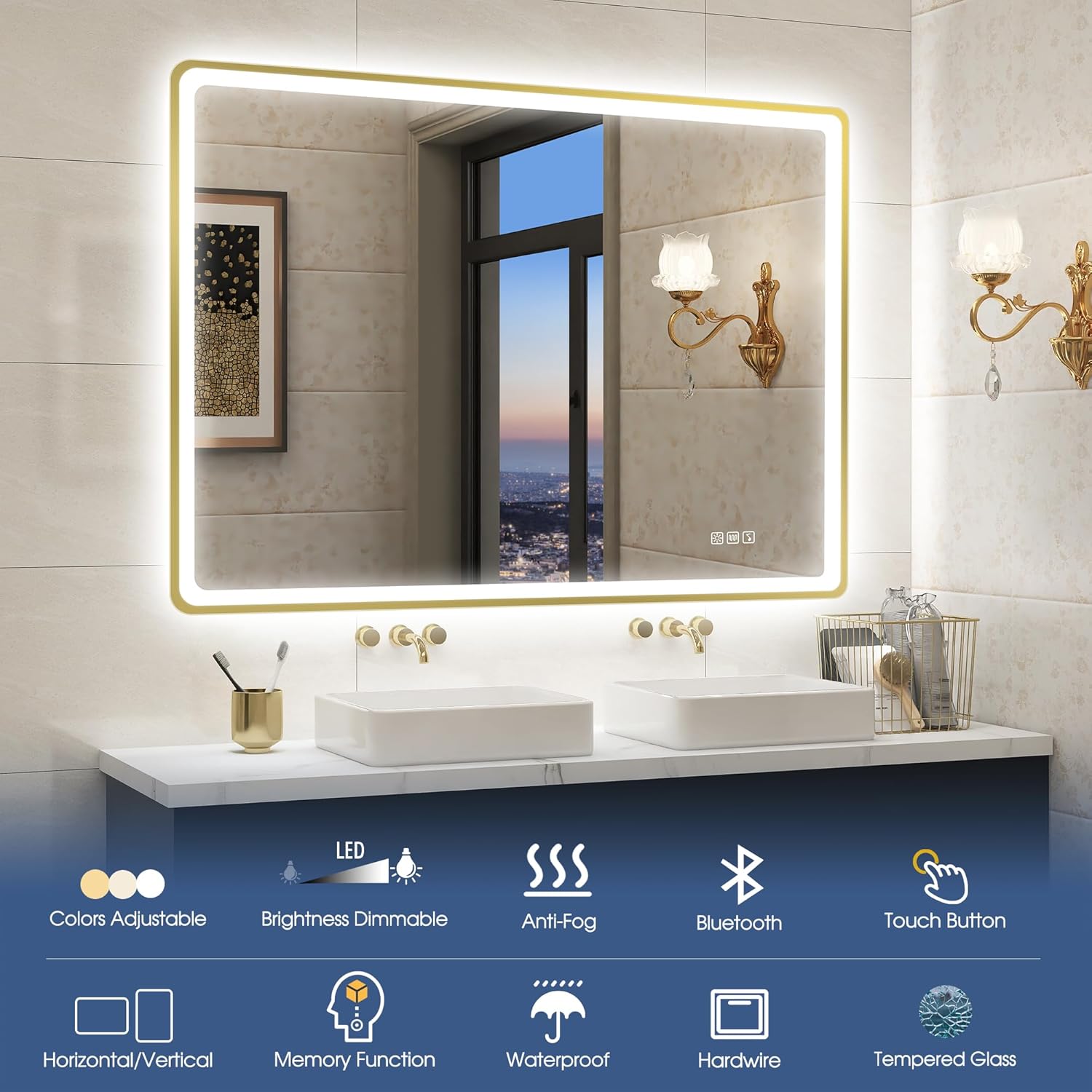 STARLEAD 100x70cm Golden LED-Badspiegel-mit-Beleuchtung und Bluetooth, Entfoggen, Dimmbar, 3 Lichtfarben, HD Gehärtetes Glas, IP44 Wasserdicht, Horizontal/Vertikal