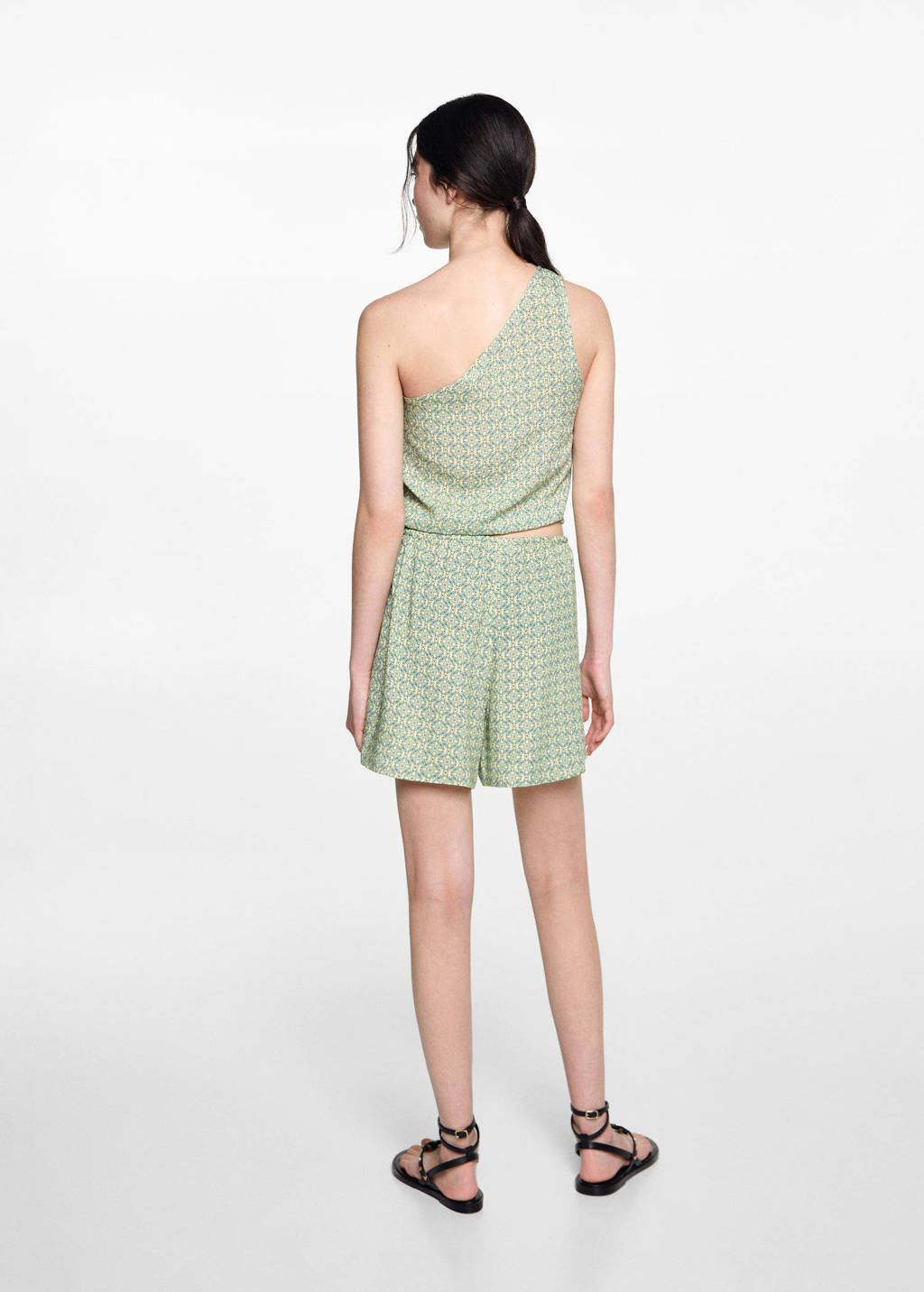 MANGO TEEN one shoulderT-shirt met all over print lichtgroen/geel