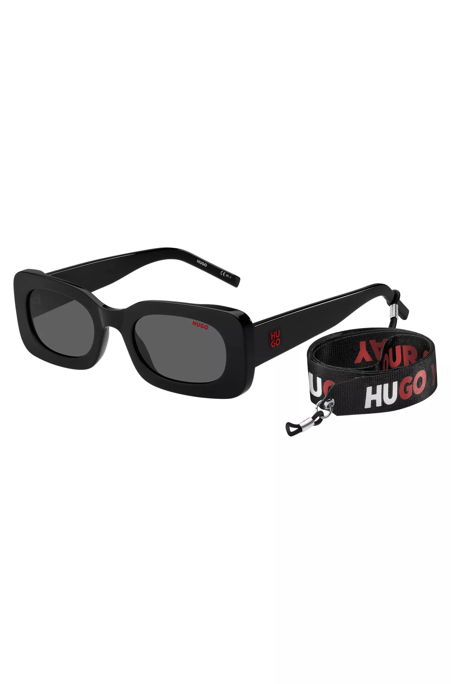 Óculos de sol HUGO em acetato vermelho e preto com alça removível com slogan.