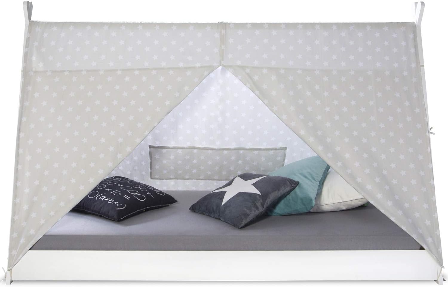 Homestyle4u, Bodenbett Hausbett Kinderbett 90x200 Weiß Grau mit Sterne Montessori Bett mit Lattenrost für Kinder Tipibett Holz massiv