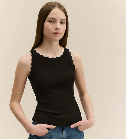 Rosemunde Top - Lang - Rib - Weiß - Schwarz m. Spitze