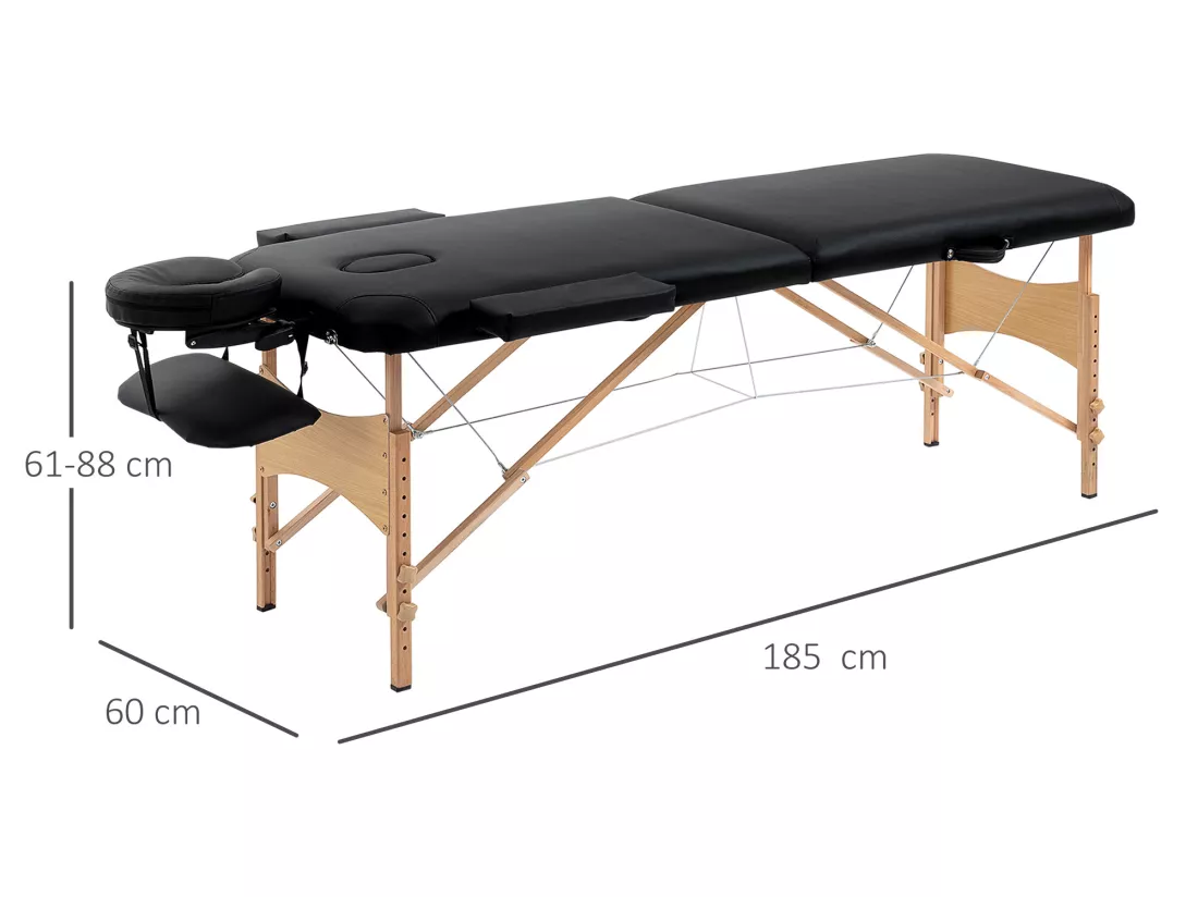 Table de massage pliante lit table de beauté 2 zones portable sac de tranport inclus hauteur réglable dim. 185L x 60l x 61-88H cm bois massif revêtement synthétique noir