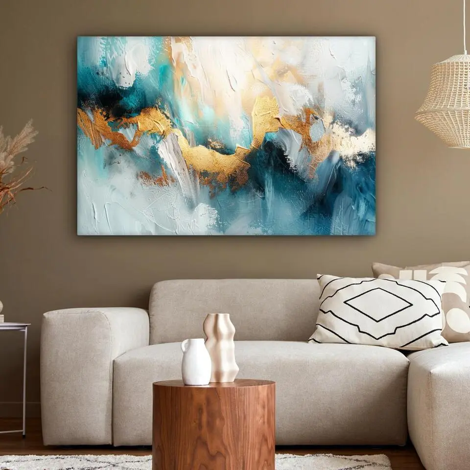 MuchoWow Canvas Schilderij 120x80cm Abstract Kunst Gold Blauw