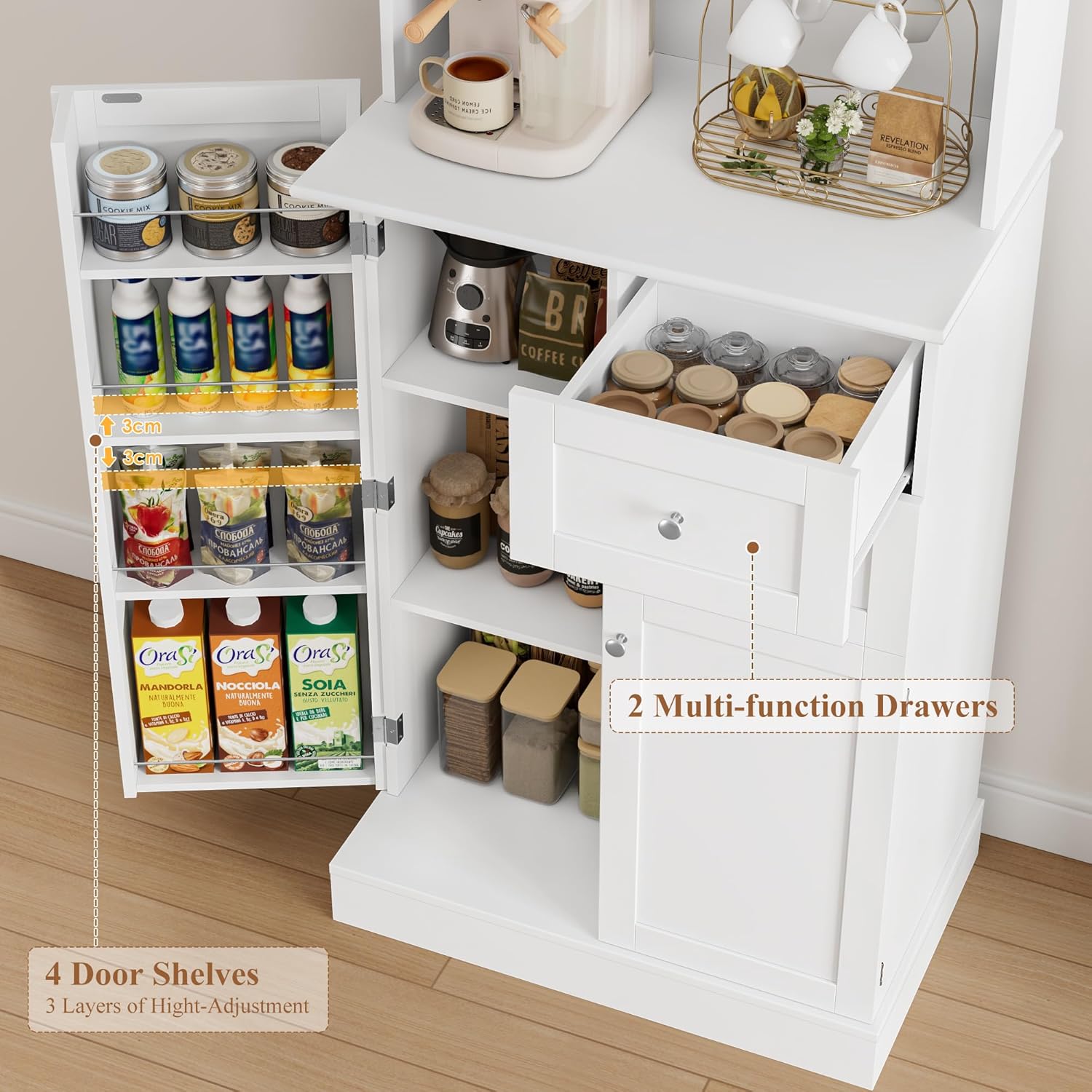 HOCSOK Küchenschrank, 182.5 cm Buffetschrank mit 2 Glastüren, Hochschrank mit 4 Türen und 2 Schubladen, Mehrzweckschrank für Küche, Esszimmer, Wohnzimmer, Weiß