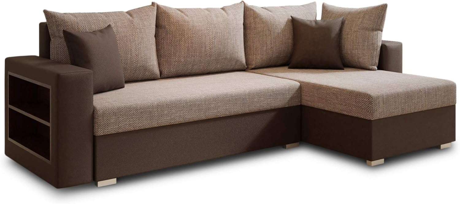 Ecksofa Lord mit Regal und Schlaffunktion - Sofa mit Bettkasten, Schlafsofa, Polsterecke, Couch L-Form, Couchgarnitur, Sofagarnitur (Braun + Beige (Dolaro 33 + Berlin 03), Ecksofa Rechts)
