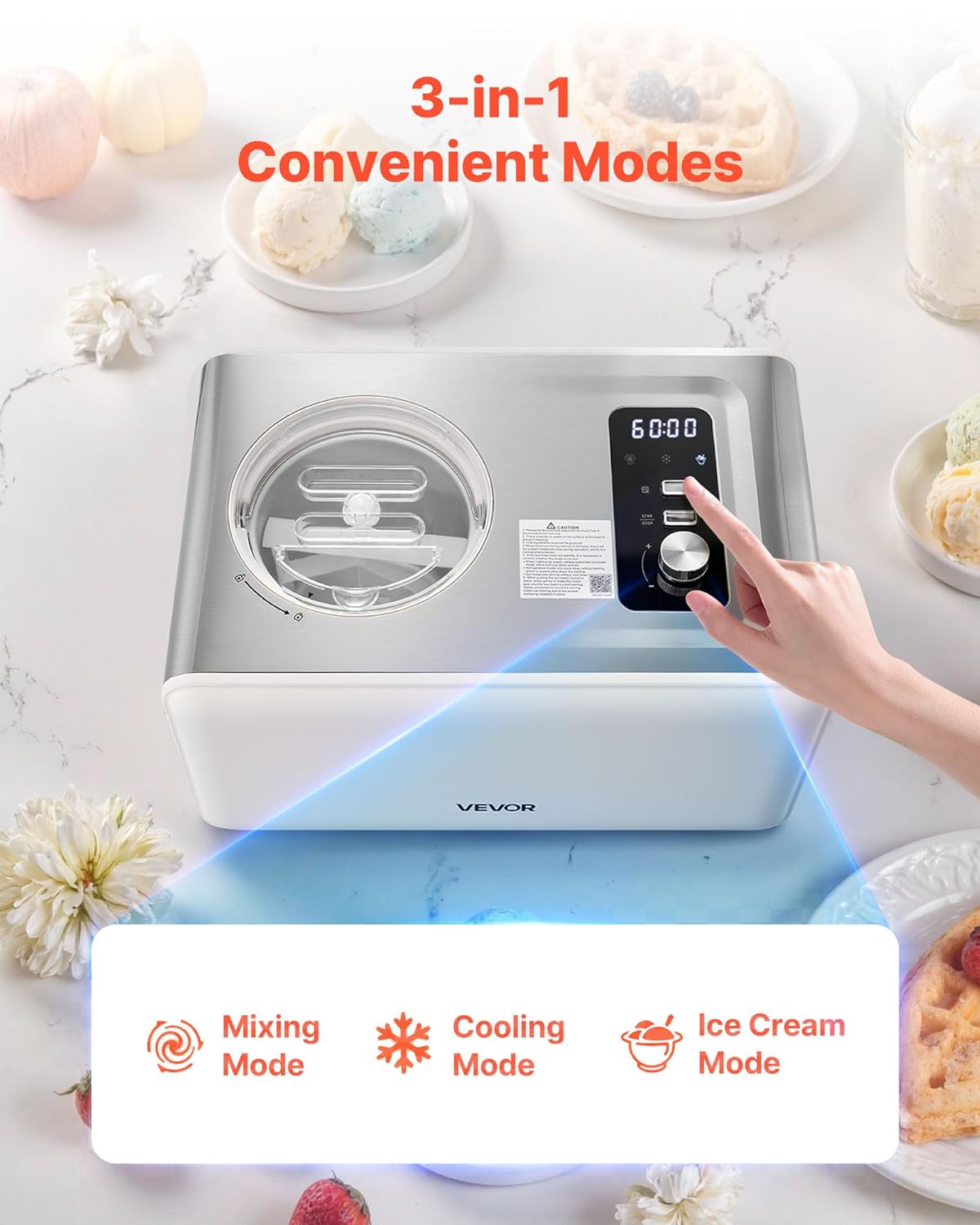 VEVOR automatische Eismaschine 2 QT mit eingebautem Kompressor (150 W) kein Vorgefrieren, Ice Cream Maker mit 3 Modi, elektrischer Eismaschine Frozen Sorbet Maker für die Küche zu Hause