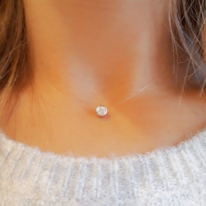 Collier Ras de Cou Transparent Argent Fil de Nylon Zirconium