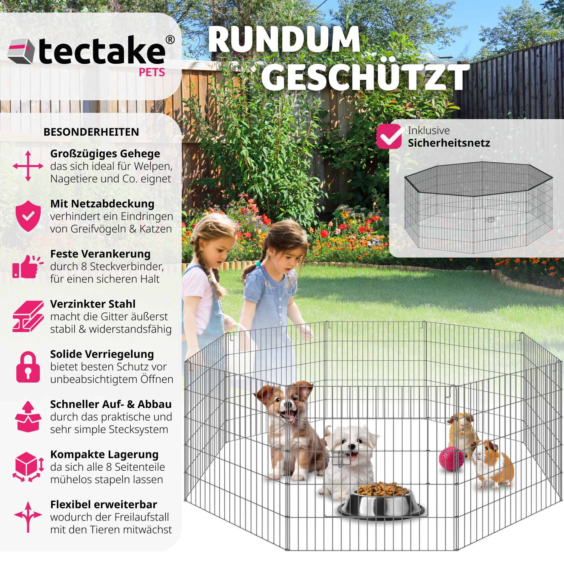 tectake® Freilaufgehege, aus 8 Gitterelementen, große Tür mit Verriegelung, 145 x 73 cm