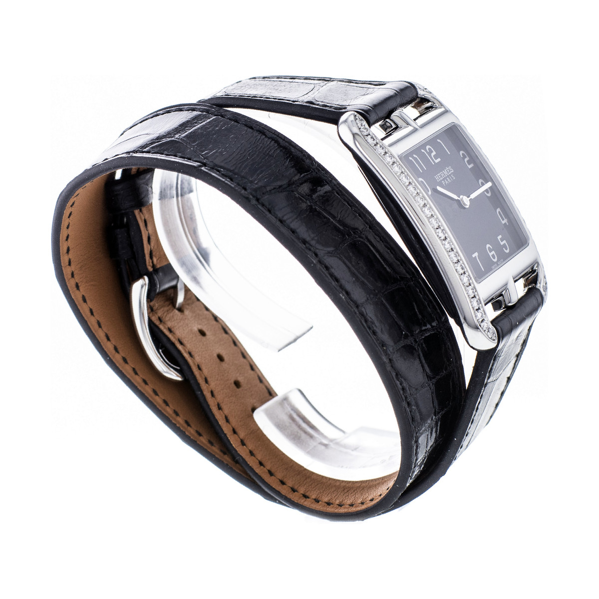 Montre d'occasion Hermès Cape Cod femme acier bracelet cuir noir