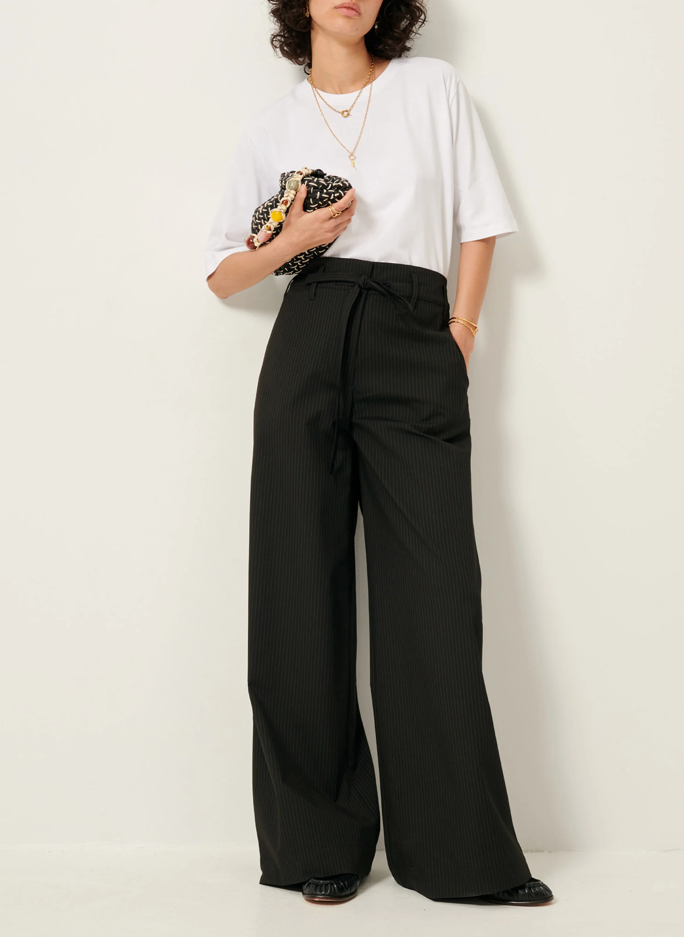 GARAVI - Pantalon large taille haute rayé | Noir