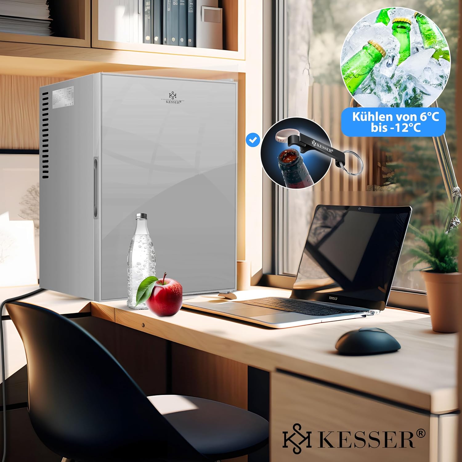KESSER® Mini réfrigérateur avec Serrure, Mini Bar de 40 l, Silencieux, 22 DB, verrouillable, Chambre à Coucher, butée de Porte Amovible, env. 4 à 16 °C, Hauteur 57 cm, éclairage intérieur
