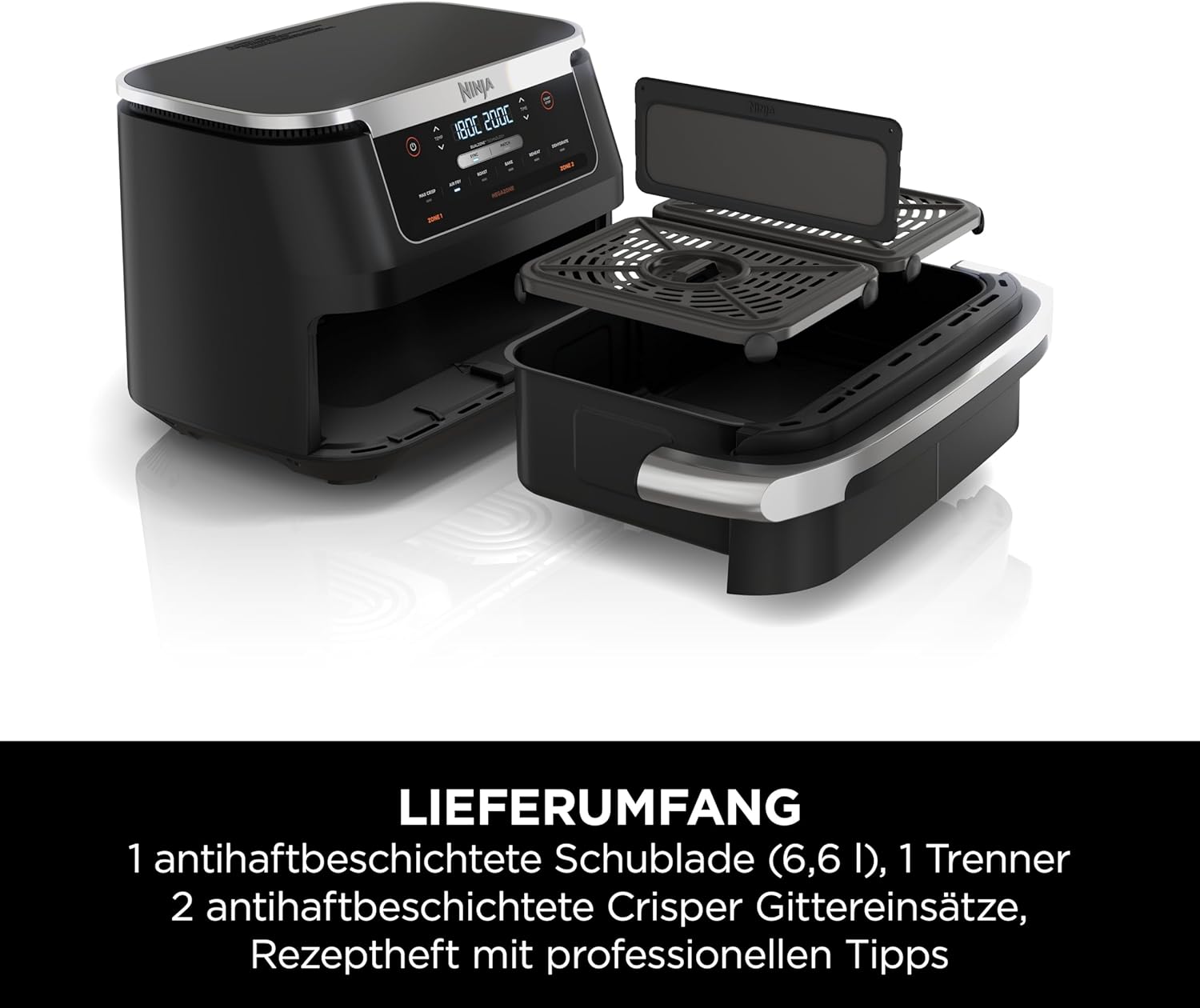Ninja FlexDrawer Heißluftfritteuse (6 Liter), Schwarz. Dual Zone Air Fryer, große Schublade, 6-in-1, ohne Öl, heißluft-frittieren, braten, backen, Max Crisp, Antihaft spülmaschinenfeste Teile, AF550EU