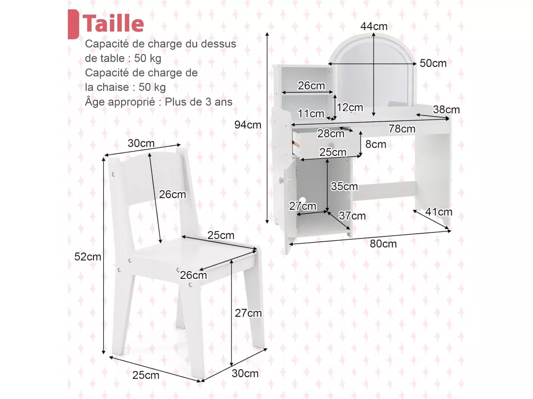 2 en 1 Bureau Enfants avec Chaise & 120 Lumières LED, Coiffeuse Enfants Fille avec Miroir Acrylique, 2 Etagères & Tiroir, Dispositif Anti-basculement, Charge 50kg pour Enfants de 3 Ans+