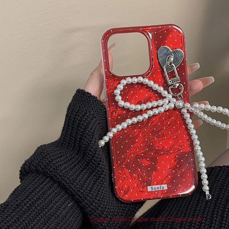 Voor het geval dat - Polka Dot telefoonhoesje / Kunstparel strik / Set - iPhone 16 Pro Max / 16 Pro / 16 Plus / 16 / 15 Pro Max / 15 Pro / 15 Plus / 15 / 14 Pro Max / 14 Pro / 14 Plus / 14 / 13 Pro Max / 13 Pro / 13 / 13 Mini