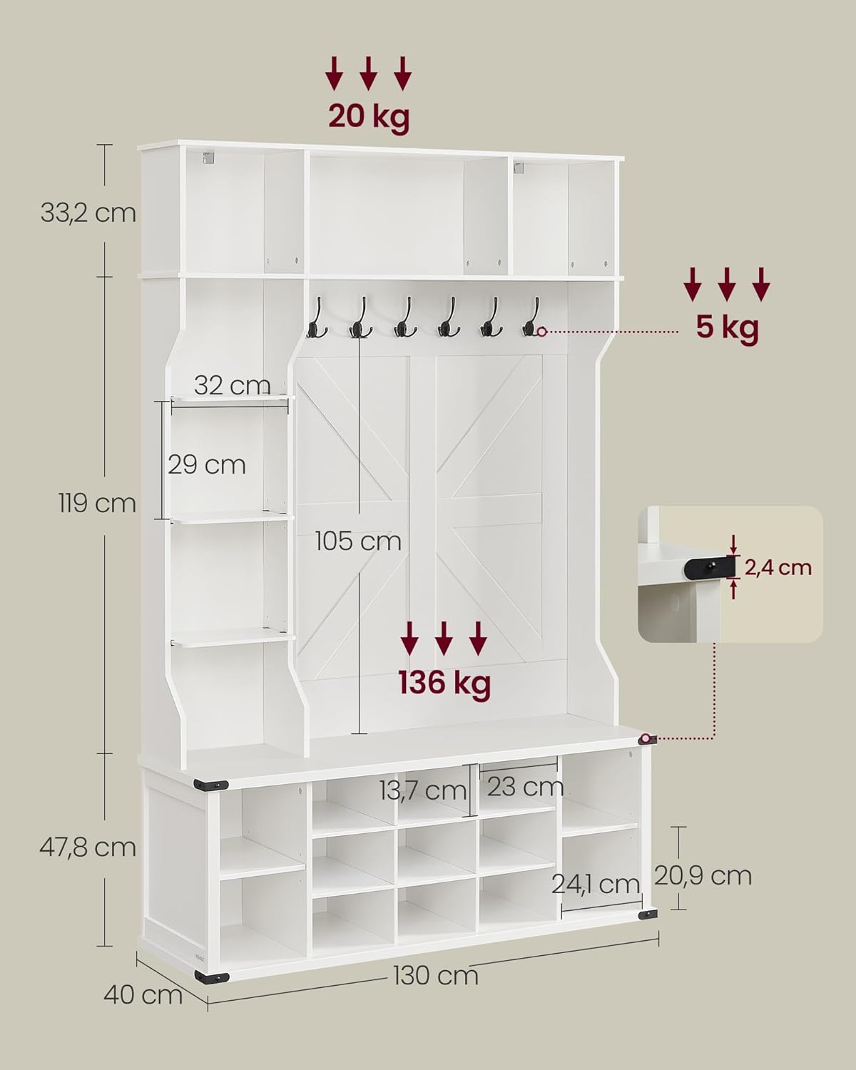 VASAGLE Kleiderständer, Garderobe, Eingangsmöbel mit Schuhregal, verstellbare Ablagen, 20 offene Fächer, 6 Dreifach-Haken, Landhausstil, freistehend, für Eingangsbereich, Flur, wolkenweiß HSR440W03