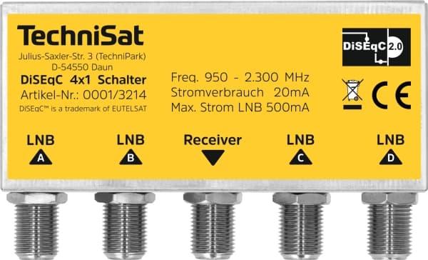 TechniSat DiSEqC 4x1, 4 innganger, 1 utganger, 97 mm, 23 mm, 101 mm, 120 g