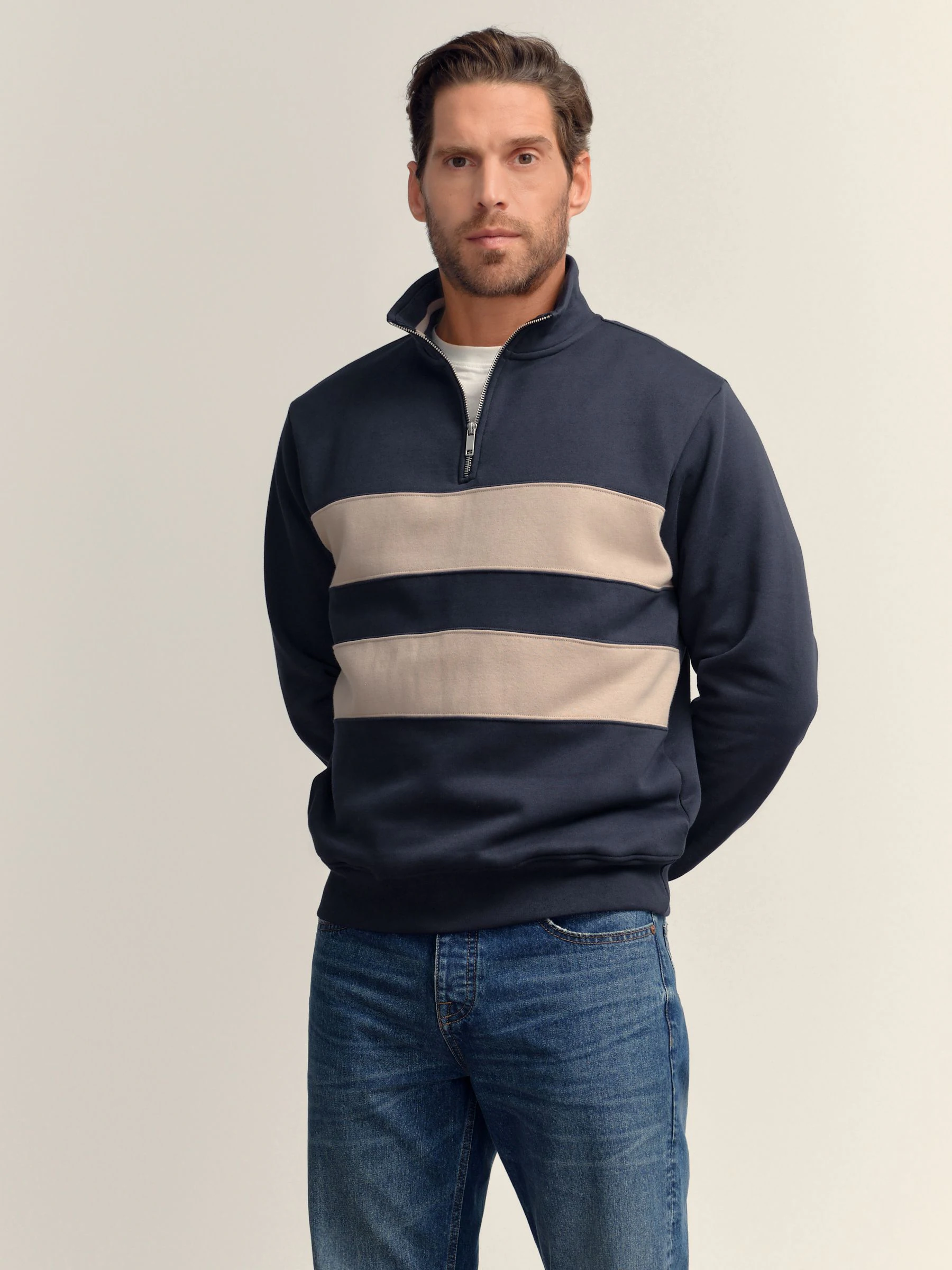 Marineblauw/naturel - Kwartrits - Sweatshirt met colourblocking
