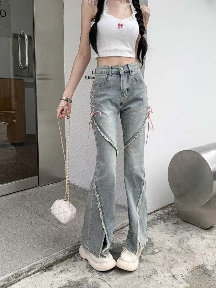 Wildfoea - High Rise Washed Lace Up Slit Fray Flared Jeans